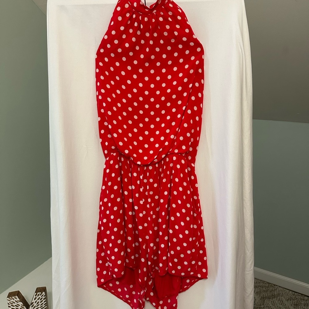 High Tie Neck Red Polka Dot Romper with pockets size M/L